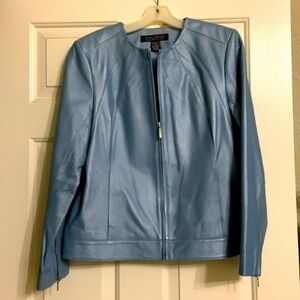 Dialogue Light Blue Leather Jacket new without tags metallic shine Medium